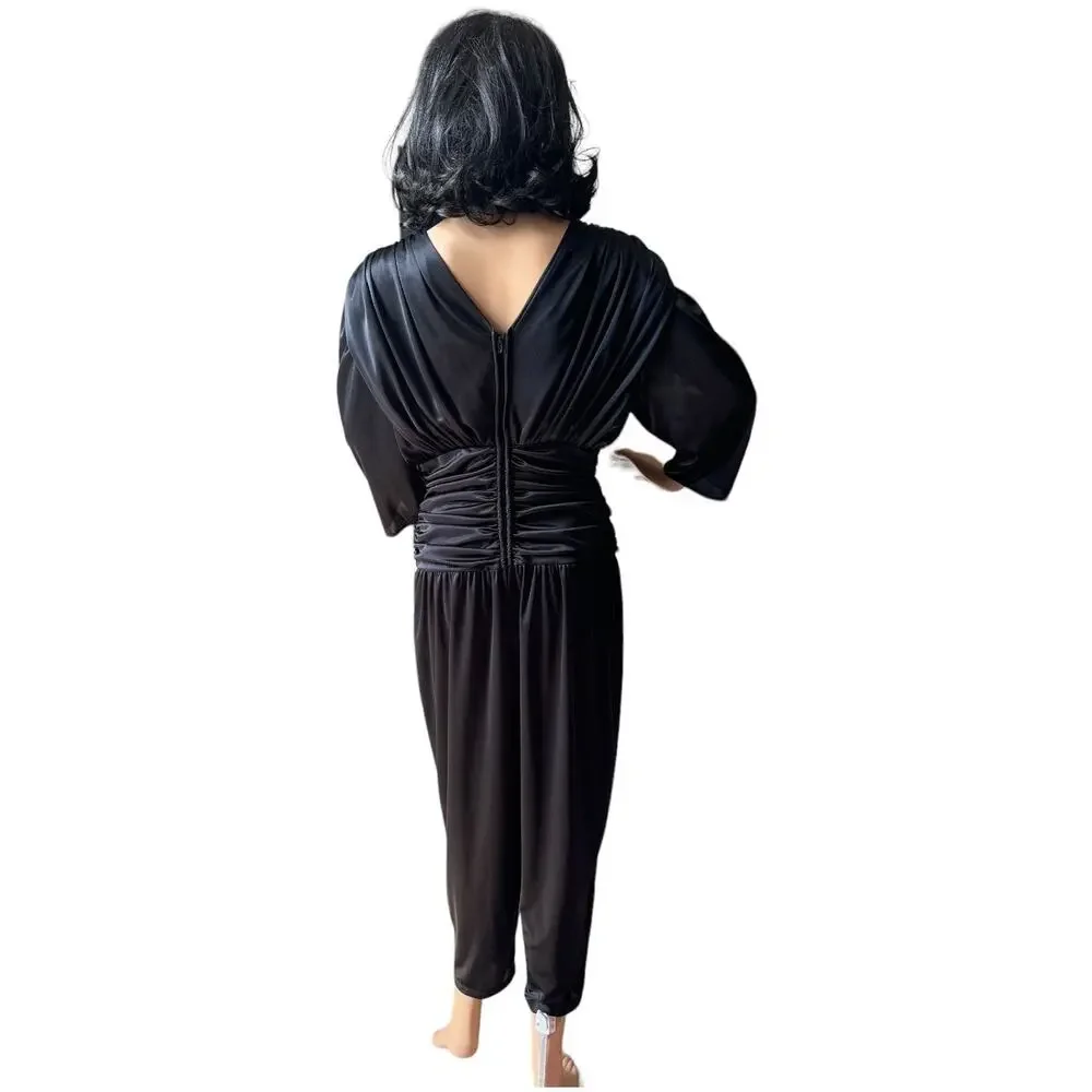 Vintage 1980s Abby Kent Black Beaded Sequin Ruched Jumpsuit Made USA Small